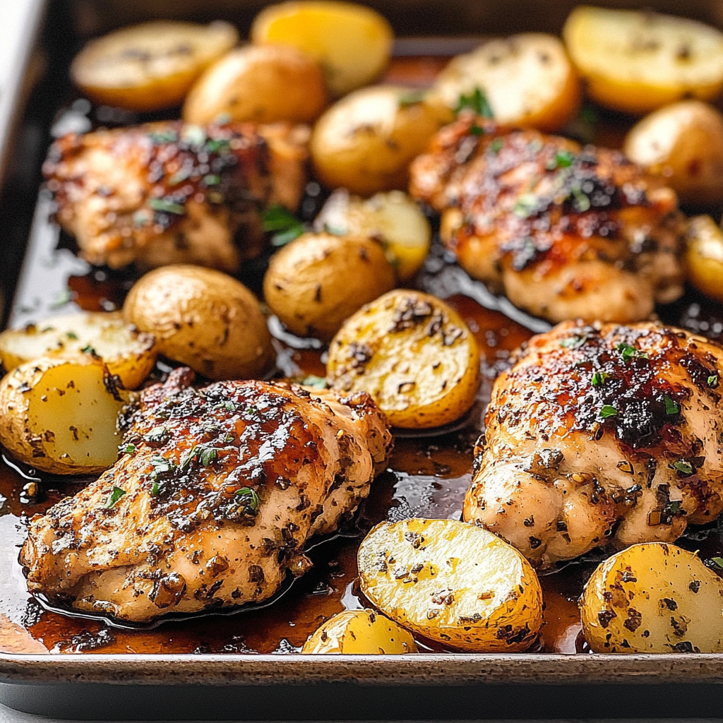 Recipe preparation for Irresistible Sheet Pan Balsamic Chicken with Potatoes