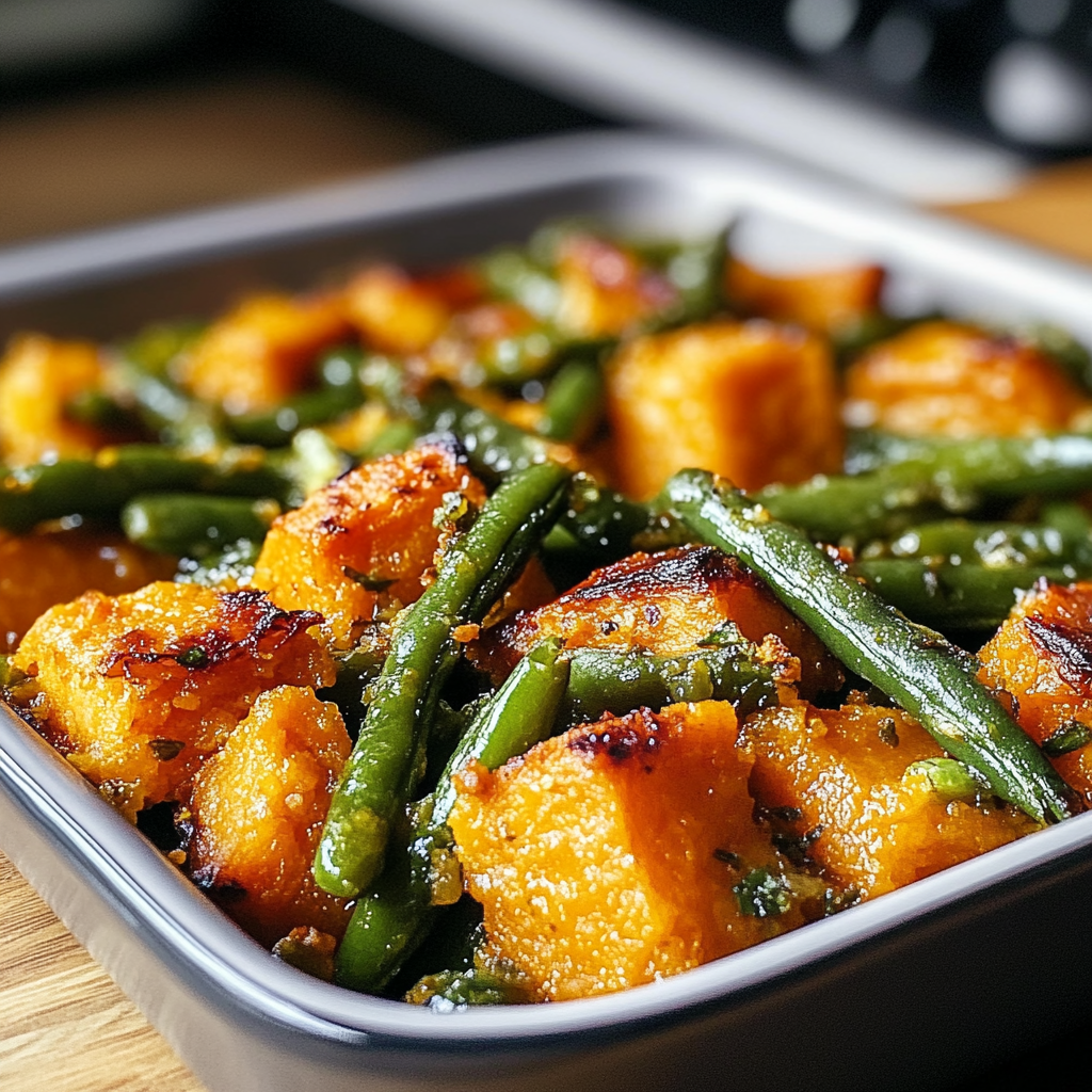 Recipe preparation for Irresistible Sweet Potato Green Bean Bake Recipe