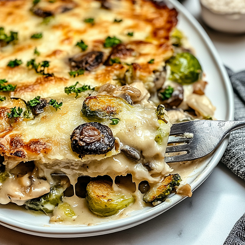 Recipe preparation for Irresistible Mushroom and Brussels Sprouts Au Gratin Recipe