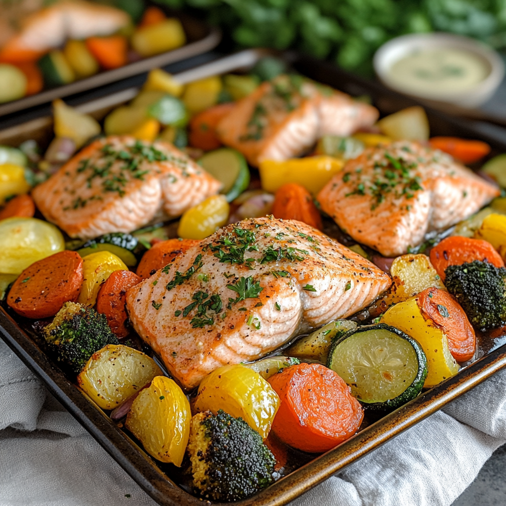 Recipe preparation for Salmon and Veggie Sheet Pan Dinner Recipe - Meatydelights