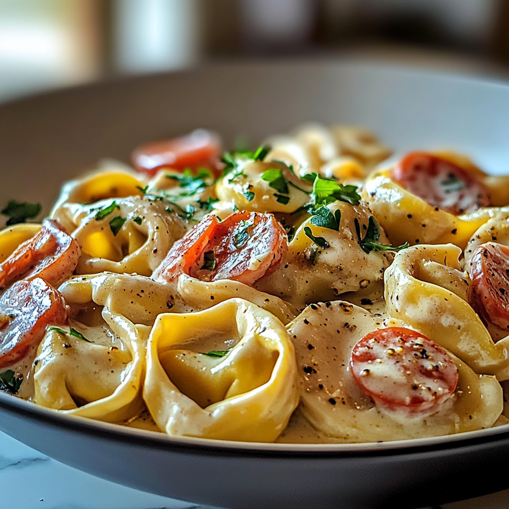 Recipe preparation for Irresistible Loaded Cajun Alfredo Tortellini Recipe