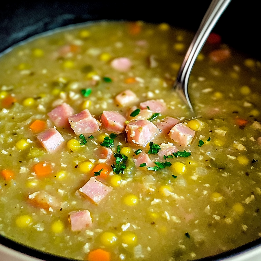 Recipe preparation for Cozy Split Pea and Ham Soup Recipe for Chilly Nights